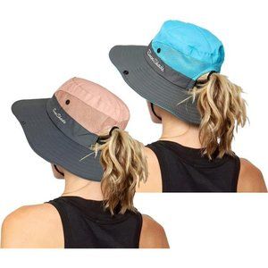 2 Pack Women's Outdoor UV Protection Sun Hats Mesh Beach Fishing Ponytail Hole